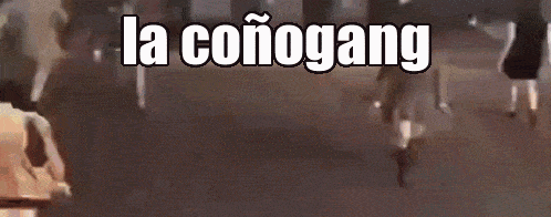 a group of people are walking down a street with the words `` la conogang '' written on the bottom of the image .