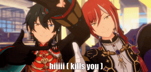 two anime characters are posing for a picture and one of them says " kills you "