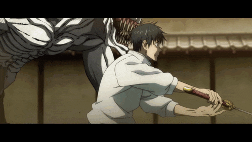 a man in a white shirt is holding a sword while fighting a monster