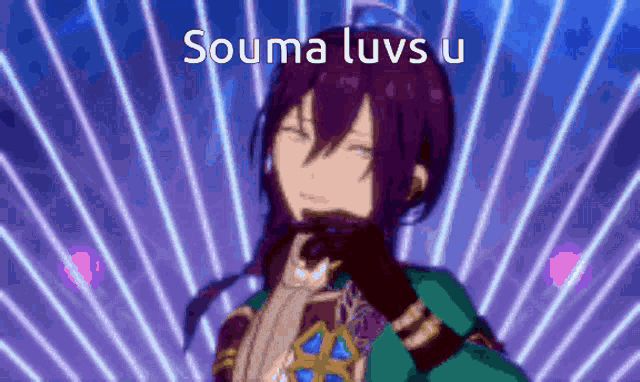a purple haired anime character with the words souma luvs u written on the bottom