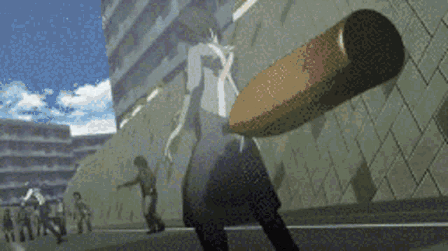 a woman is holding a large bullet in her hand
