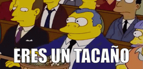 a cartoon of a man holding a basket with the words " eres un tacaño " in white letters