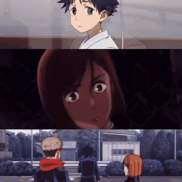 a collage of three anime characters , a boy , a girl , and a man .