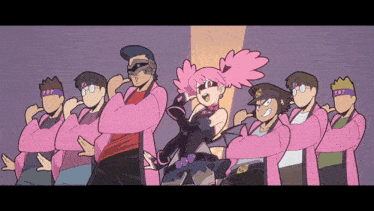 a group of cartoon characters with one wearing a pink jacket that says " pop "