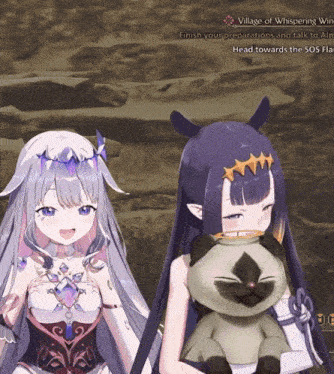 two anime girls are standing next to each other with the words village of whispering win on the bottom right