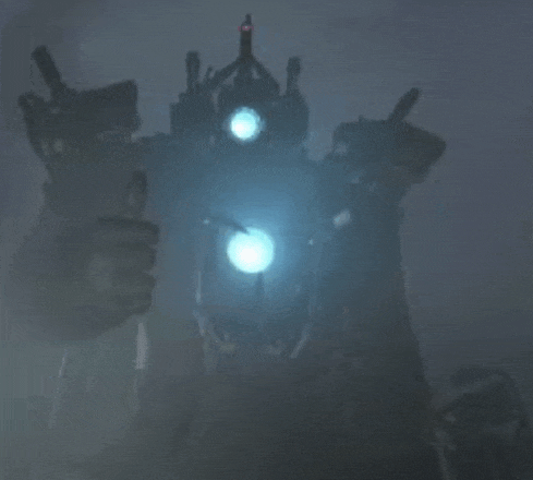 a robot is standing in the fog with a blue light shining on it .