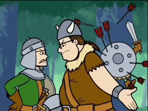 a cartoon of a man with arrows coming out of his back talking to another man