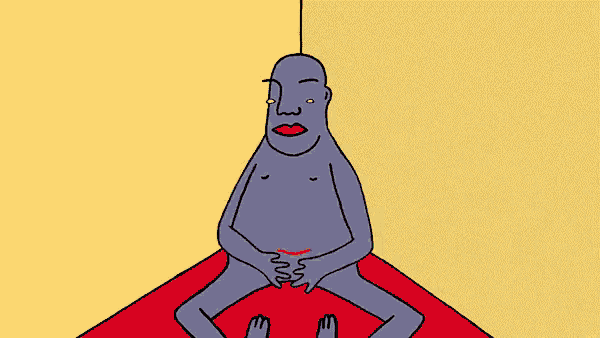 a cartoon of a man sitting on a red carpet