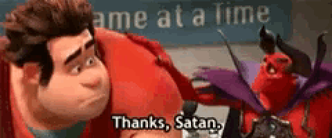 a cartoon character says " thanks satan " in front of a sign that says game at a time