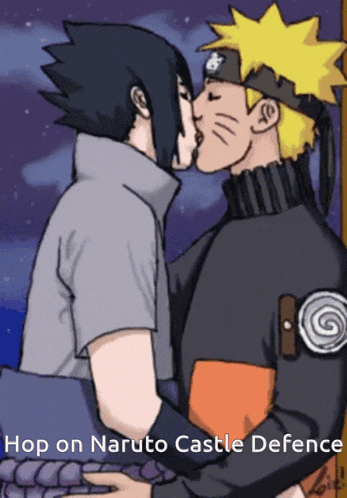 a cartoon of naruto and sasuke kissing with the words hop on naruto castle defence below them