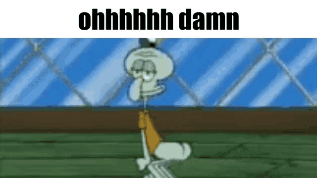 squidward from spongebob squarepants is standing in front of a window and holding a fork in his hand .