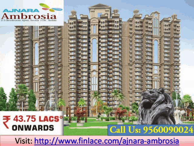an advertisement for ajnara ambrosia has a statue of a lion in front of it