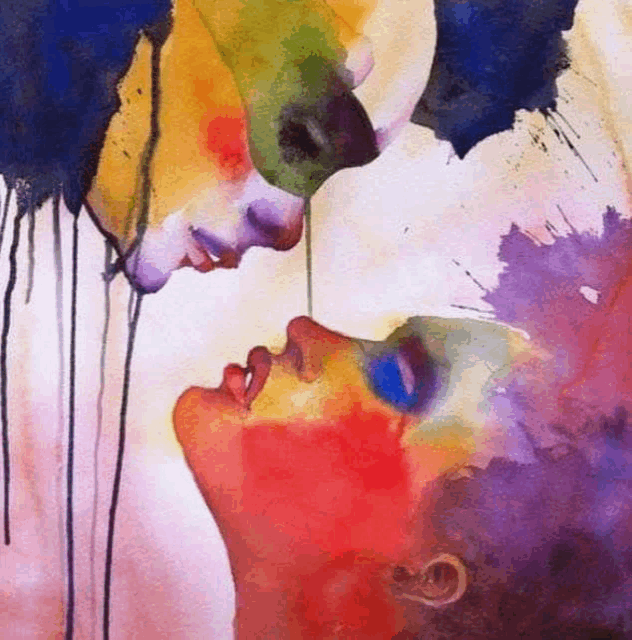 a watercolor painting of a man and a woman kissing each other .