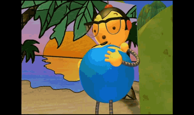 a cartoon character is holding a blue globe in his hands