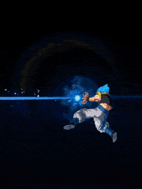 a cartoon character with blue hair and white pants stands in a dark room