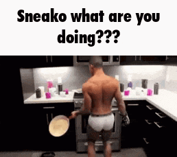 a shirtless man is standing in a kitchen holding a pan and asking what he is doing .