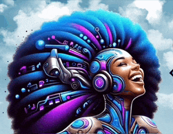 an illustration of a woman wearing headphones and a blue and purple afro