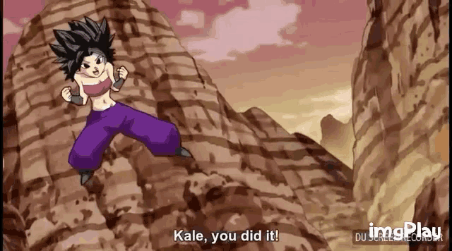 a cartoon character is jumping in the air with the words kale you did it .