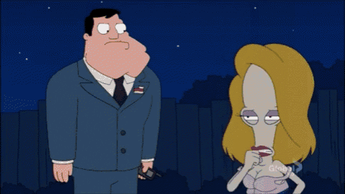 a cartoon of a man in a suit and tie standing next to a woman in a dress