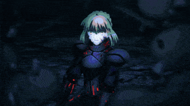 a girl with green hair is holding a sword in her hand