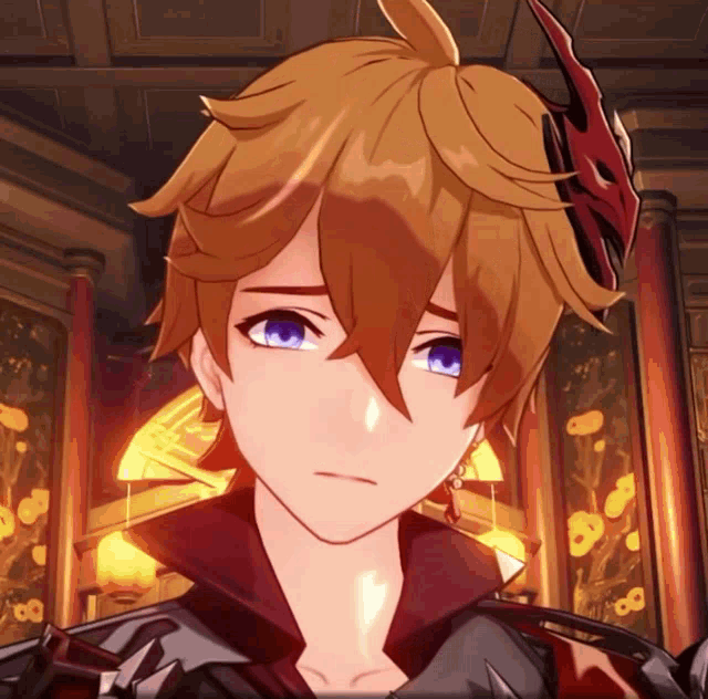 a close up of a cartoon character 's face with a red horn on his head