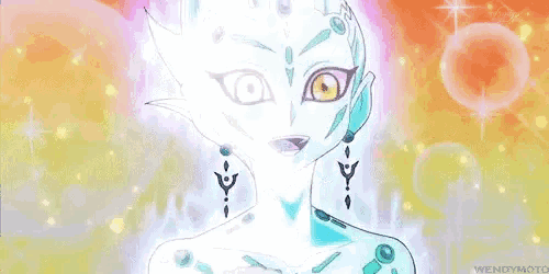 a close up of a cartoon character with a rainbow background