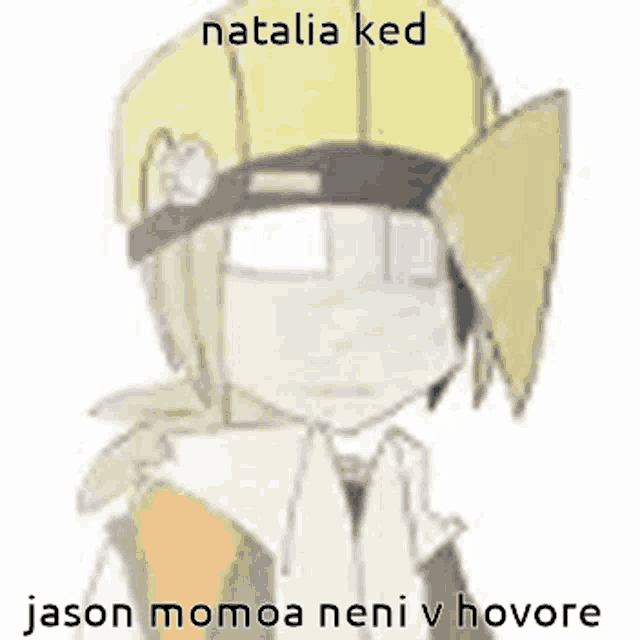 a cartoon of a man wearing a yellow hat with his eyes closed and his hands folded .