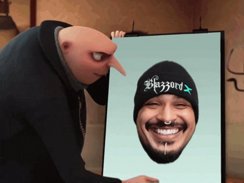 a cartoon character is looking at a picture of a man wearing a beanie that says hazzard on it
