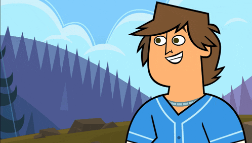 a cartoon character wearing a blue shirt is smiling in front of a forest