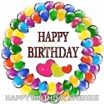 a happy birthday card with a wreath of colorful balloons and hearts
