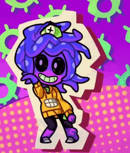 a cartoon character with blue hair and a green hat
