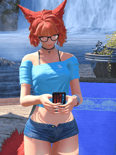 a girl with red hair and glasses is holding a cup that says pppp