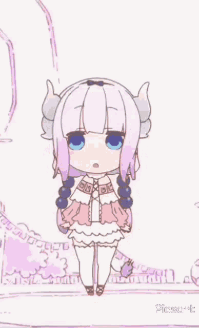 a little girl with horns and a tail is standing in front of a white background .