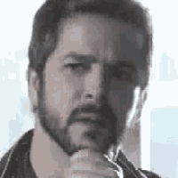 a close up of a man with a beard holding his hand to his chin .