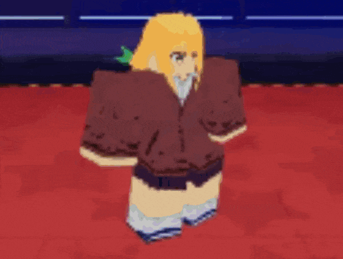 a cartoon character is standing on a red carpet in a room .