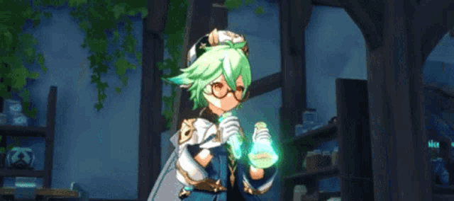 a cartoon character with green hair and glasses is holding a bottle of liquid .