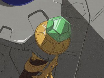 a cartoon drawing of a sword with a green jewel in it