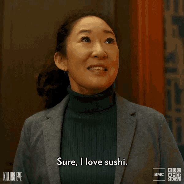 a woman says sure i love sushi in a killing eye advertisement