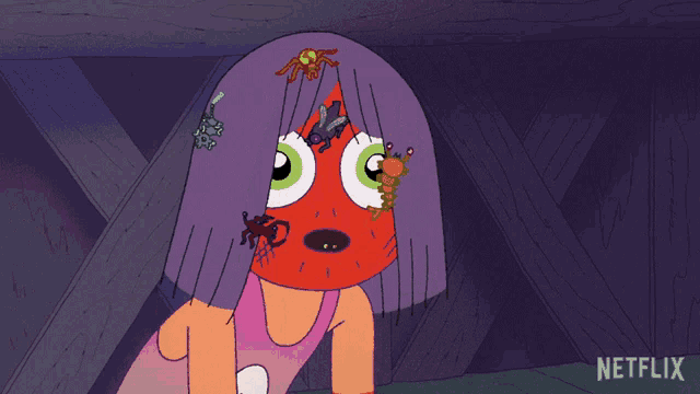 a cartoon of a girl with spiders coming out of her hair and a netflix logo in the corner