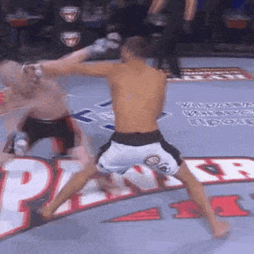 two men are fighting in a boxing ring with a sign in the background that says player