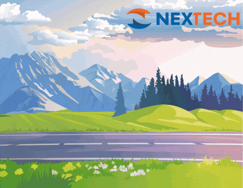 an illustration of a road with mountains in the background and the word nexttech on the bottom