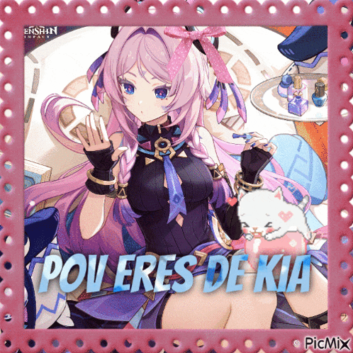 a picture of a girl with the words " pou eres de kia " on the bottom