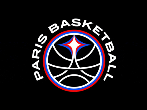 a logo for paris basketball shows a basketball in a circle