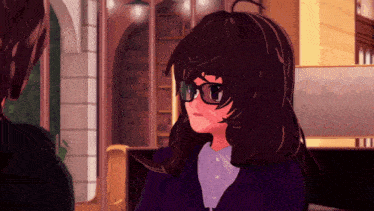 a girl with glasses and a purple jacket is sitting next to a man