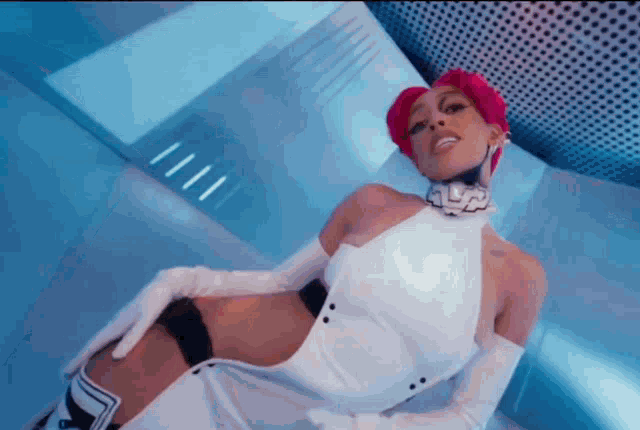 a woman with pink hair is wearing a white dress