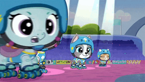 a cartoon of a dog and a cat rollerblading on a pink surface