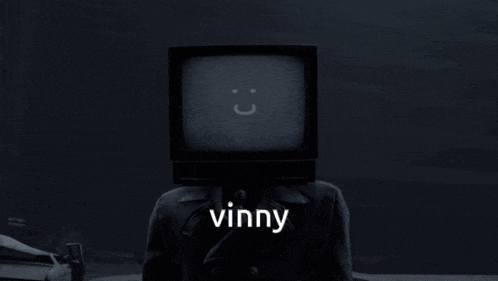 a person with a tv on their head that says vinny on it