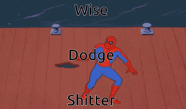 a cartoon of spider-man kicking a lightning bolt with the words wise dodge shitter