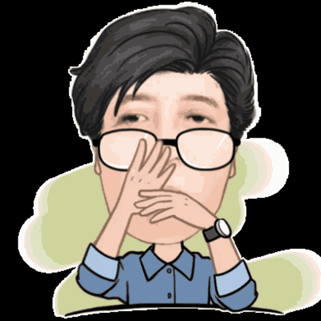 a cartoon of a man wearing glasses covering his mouth