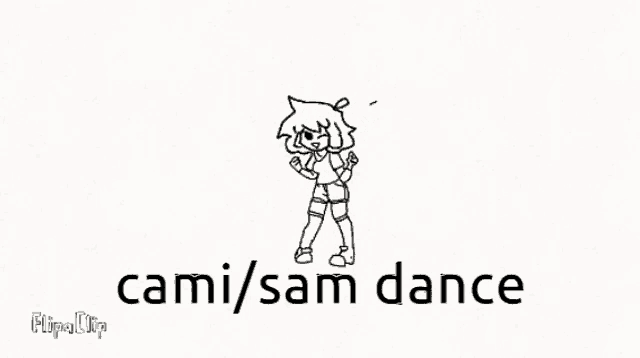 a black and white drawing of a girl dancing with the words cami / sam dance written below her .
